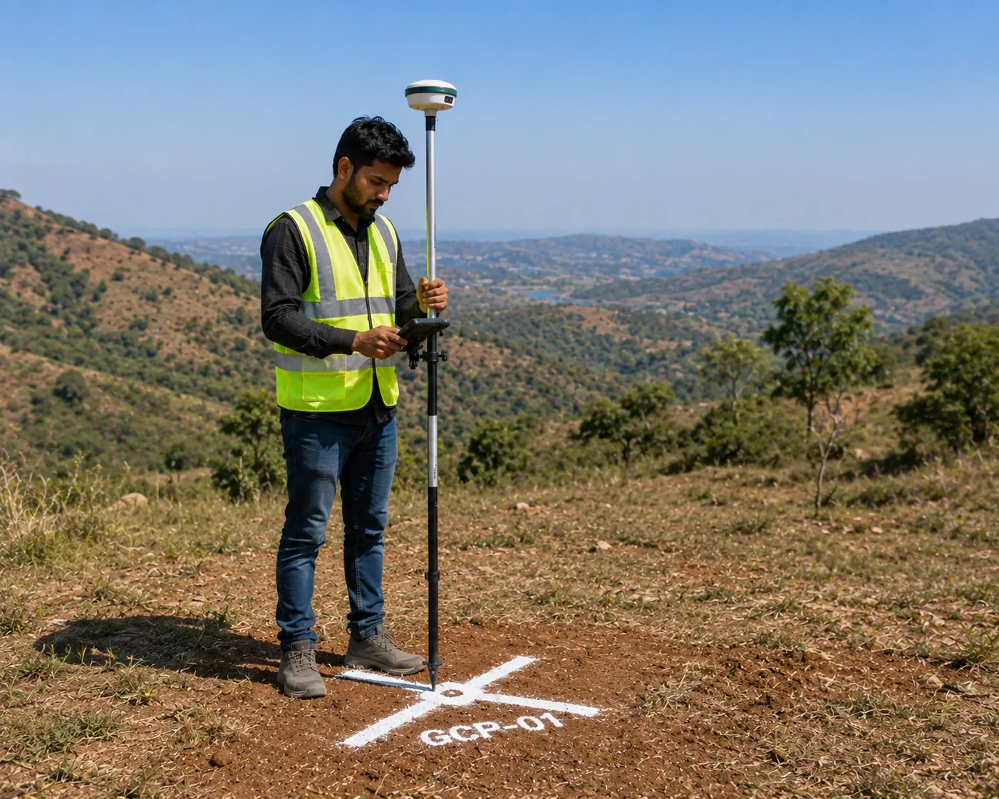 Survey team recording ground levels during a field survey in Karnataka