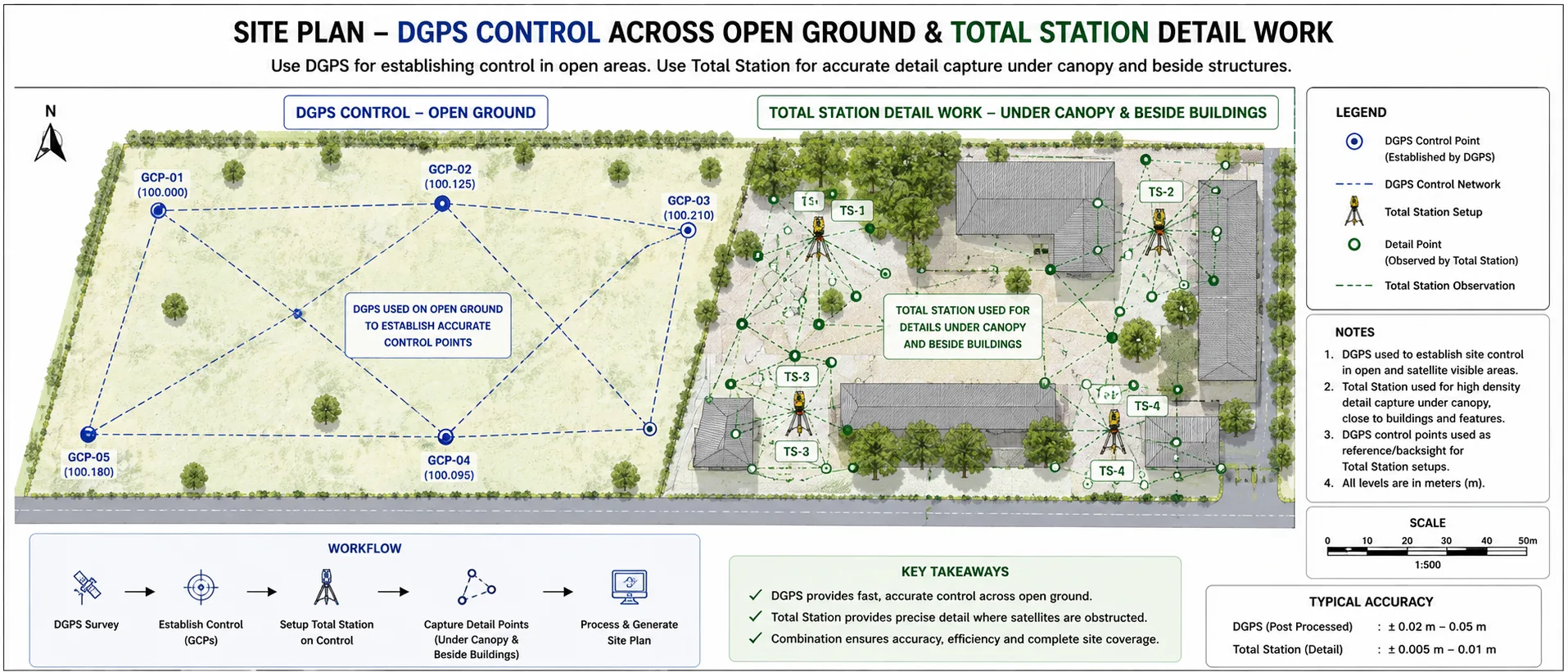 Site plan showing DGPS control across open ground and total station detail work under canopy and beside buildings
