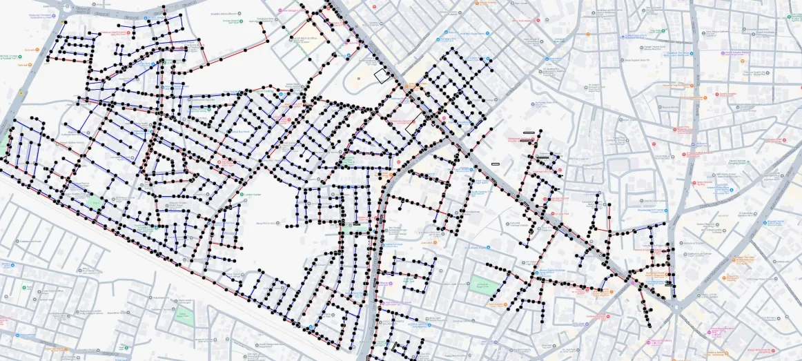 Corridor plan with measured features and record data on visibly distinct layers