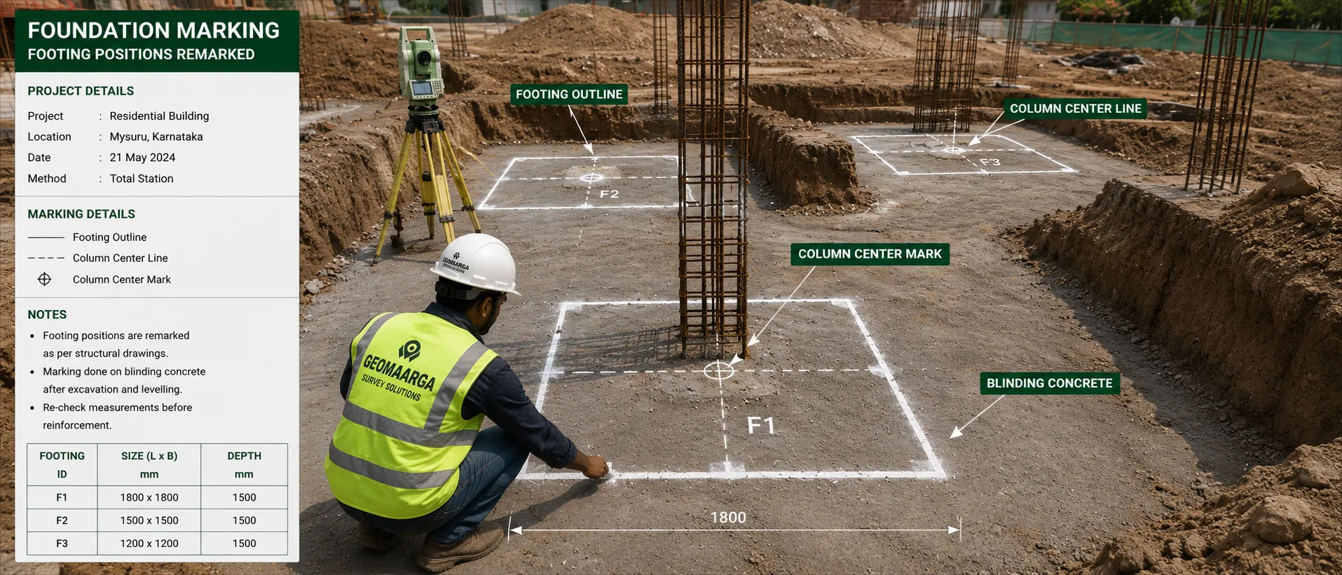 Footing positions re-marked on blinding concrete after excavation, before reinforcement