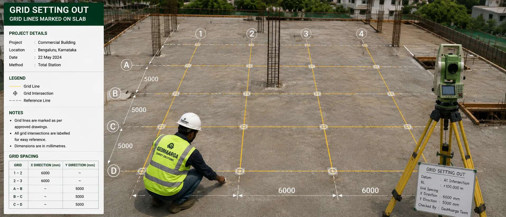 Grid lines marked on a slab with labelled intersections, before reinforcement is placed