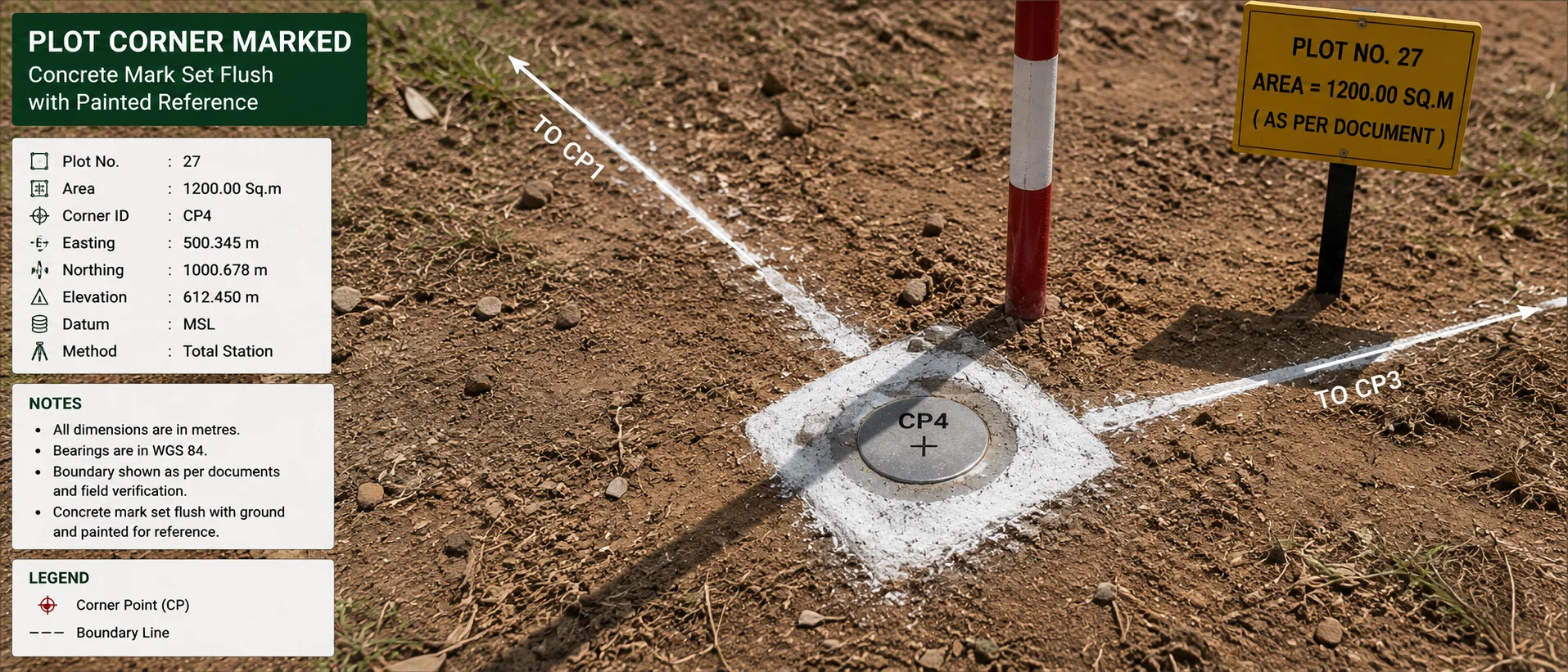 A marked plot corner, concrete mark set flush with a painted reference