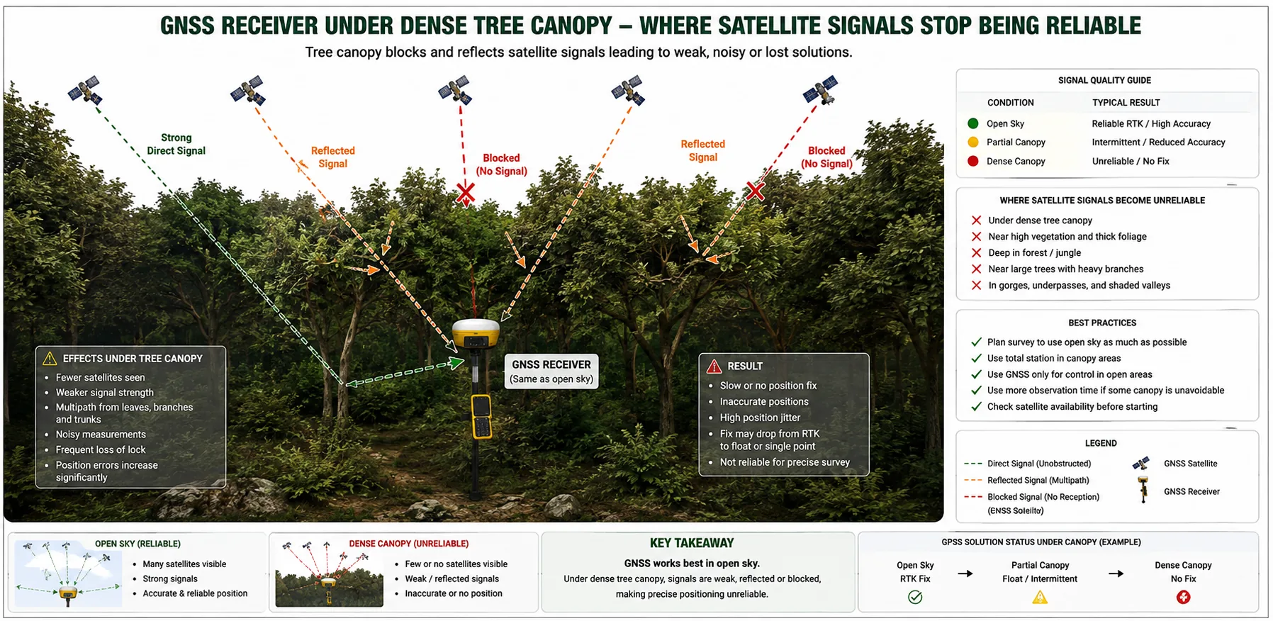 The same receiver under dense tree canopy, showing where satellite work stops being reliable
