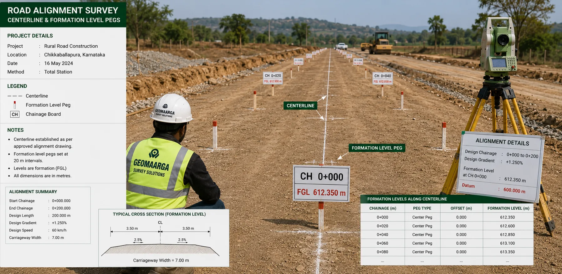 Centreline and formation level pegs along a road under construction, with chainage labels visible