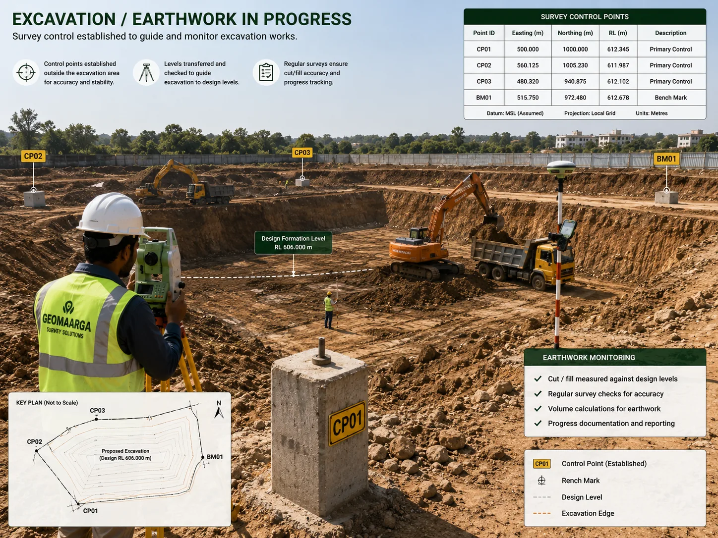 Formation level pegs controlling earthwork along a road under construction