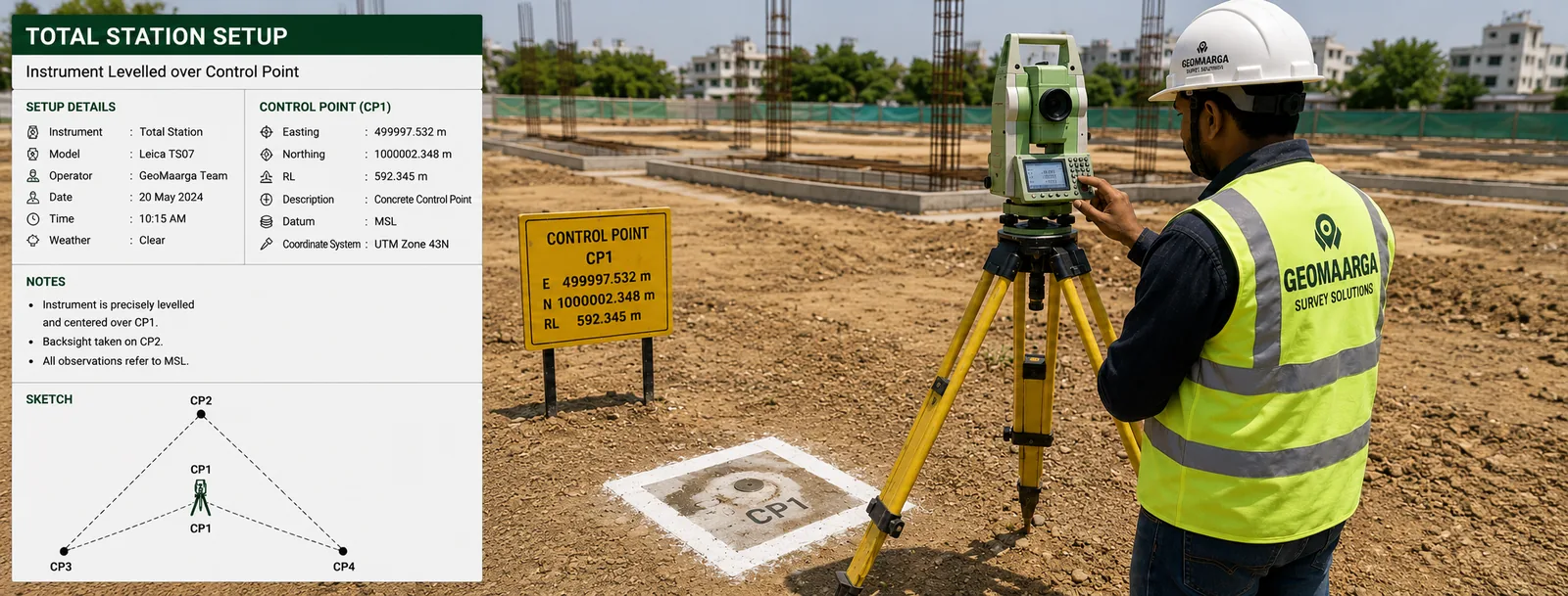 Total station set up on a tripod beside a building where satellite signals are obstructed